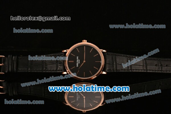 Patek Philippe Calatrava Miyota OS2035 Quartz Rose Gold Case with Black Dial and Stick Markers - Click Image to Close